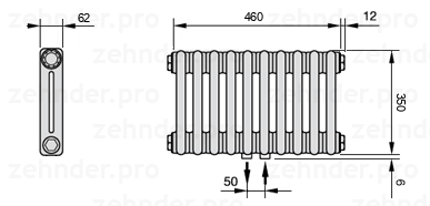 Схема (чертеж) Радиатор Zehnder Charleston 2035/10 №5410 Белый глянцевый RAL 9016